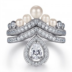 18K White Gold Plated Pearl Crown Ring Set